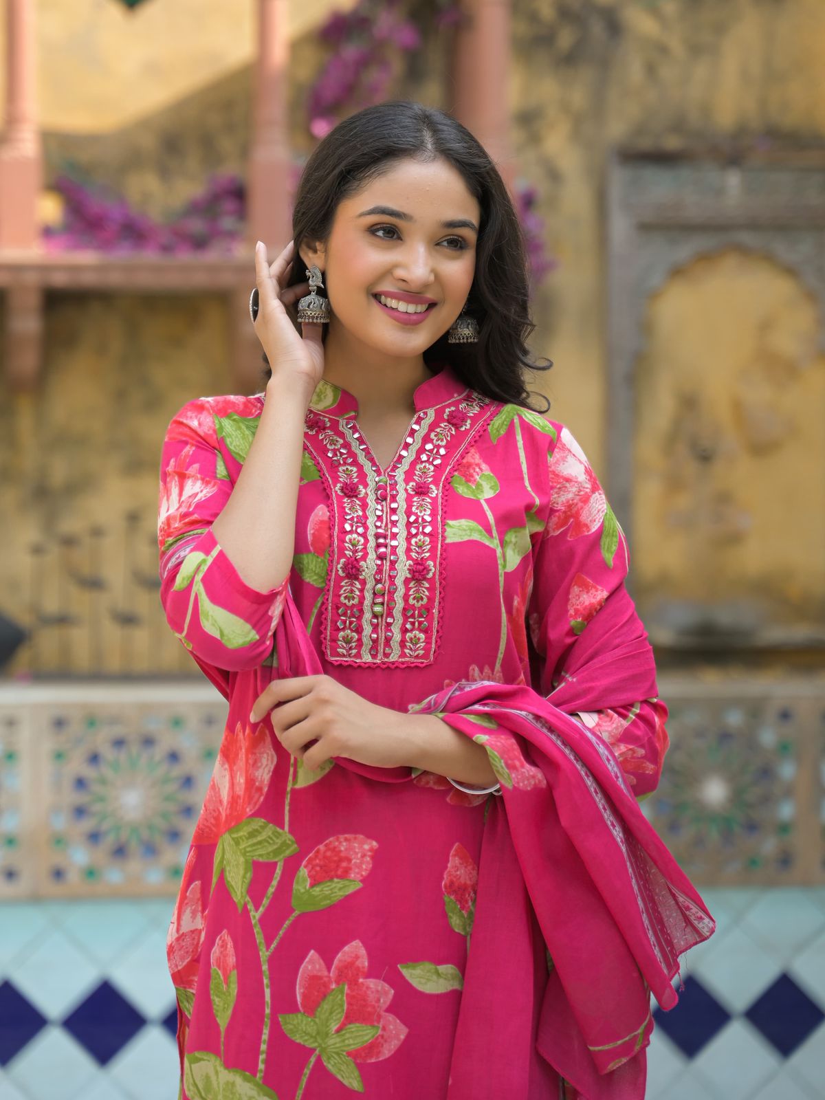 Blooming Lotus Printed Kurta Set with Dupatta - Naticraft