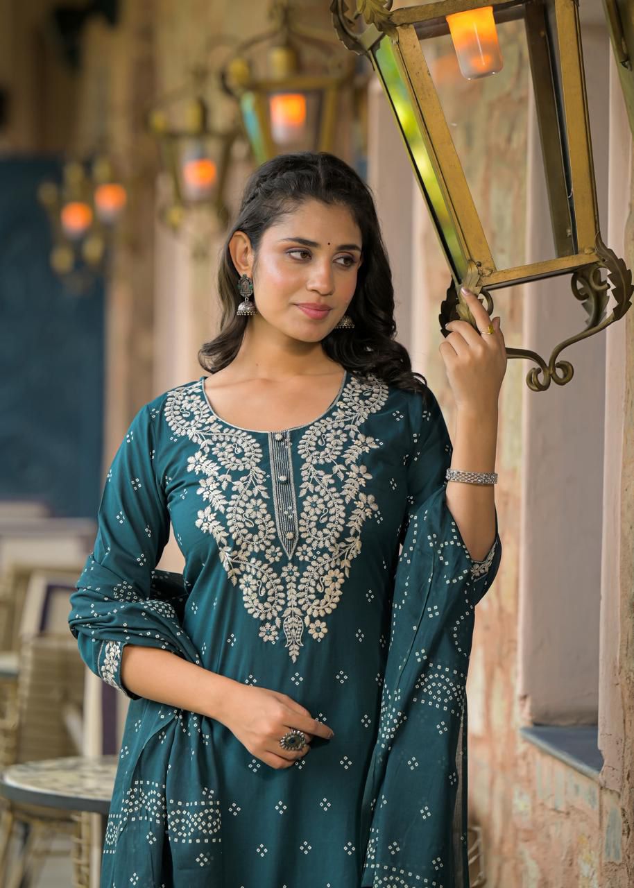 Embroidered Cotton Straight Kurta Set with Dupatta - Naticraft
