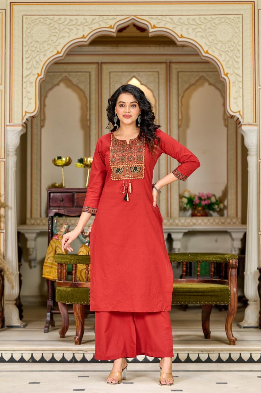 Ajrakh Embroidered Pure-Cotton Kurta Set with Palazzo & Dupatta - Naticraft