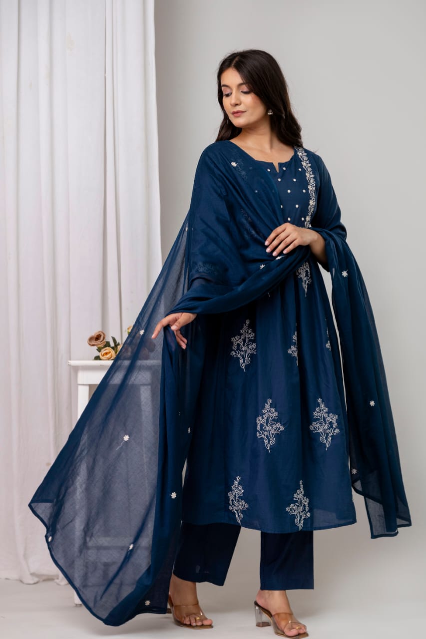 Elysian Embroidered Cotton Kurta Set with Dupatta – Blue, Green & Rust - Naticraft