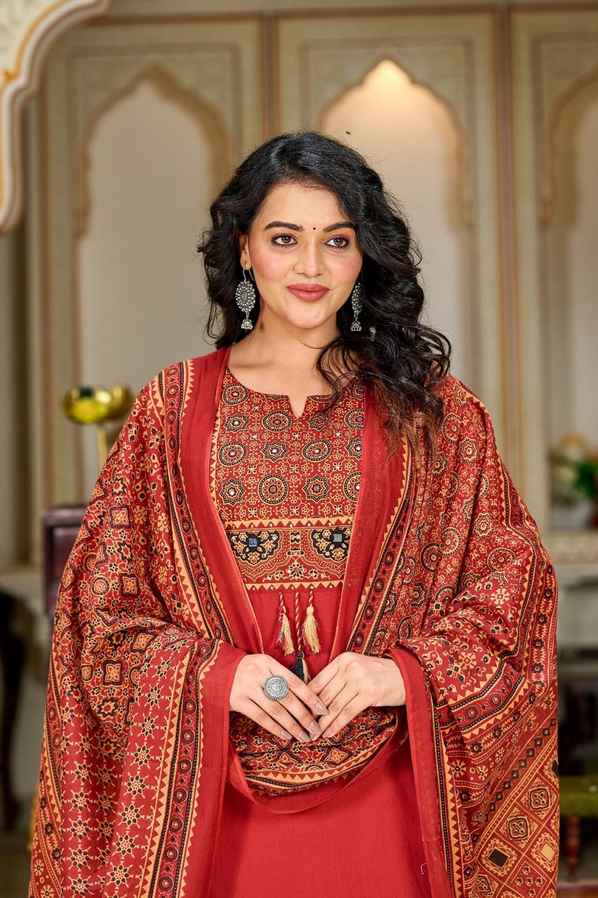 Ajrakh Embroidered Pure-Cotton Kurta Set with Palazzo & Dupatta - Naticraft