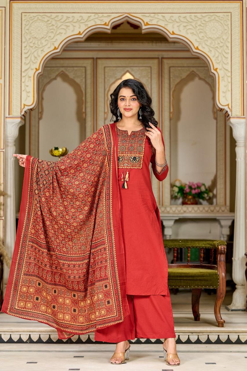 Ajrakh Embroidered Pure-Cotton Kurta Set with Palazzo & Dupatta - Naticraft