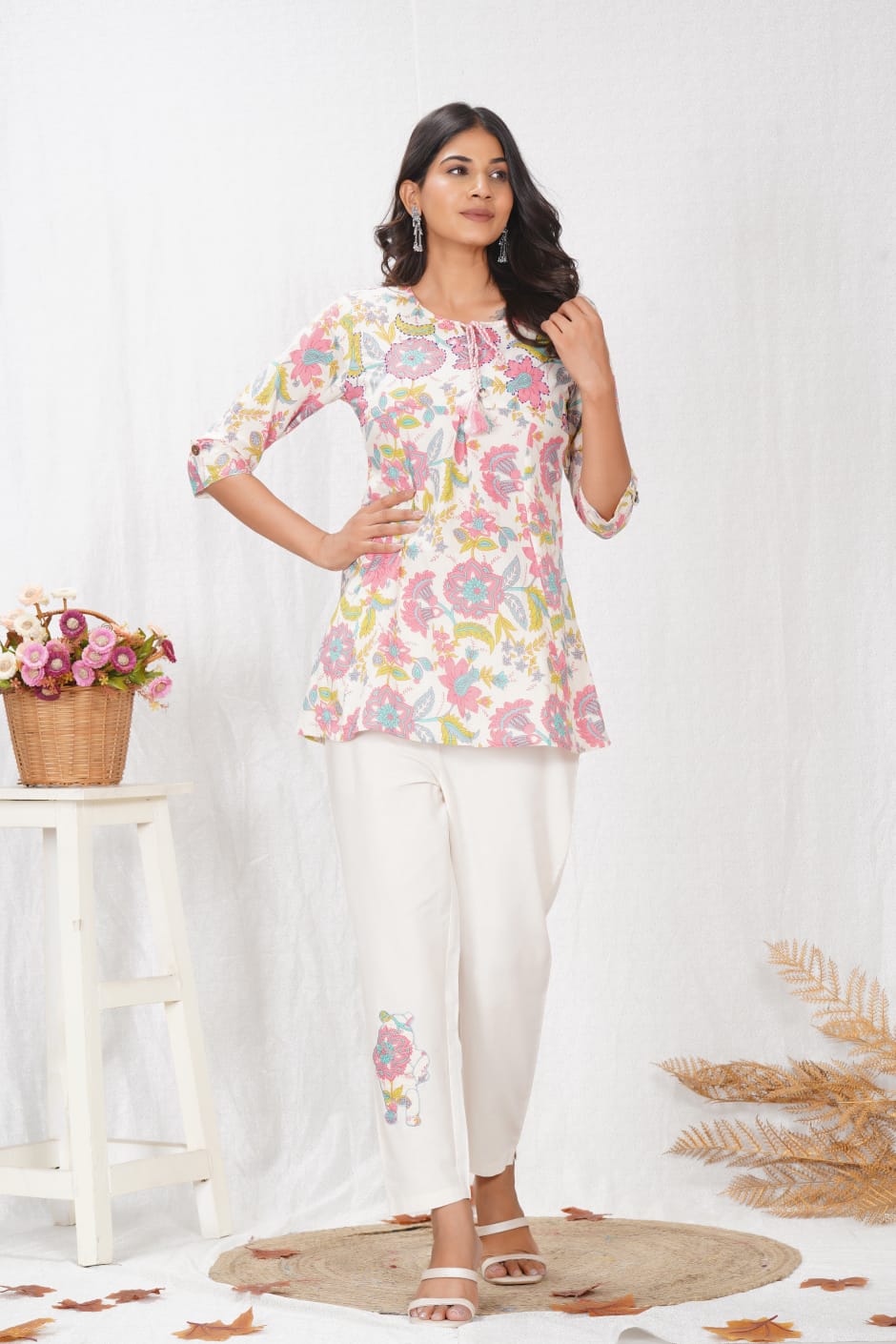 Floral Fusion Co-ord Set for Women – Tassel Tie-Up Top & Embroidered Pants - Naticraft
