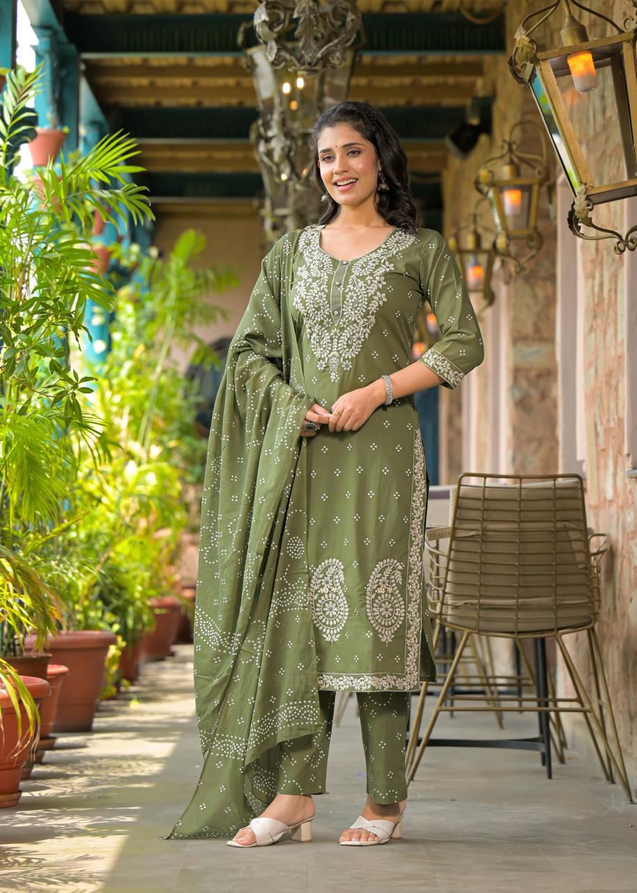 Embroidered Cotton Straight Kurta Set with Dupatta - Naticraft