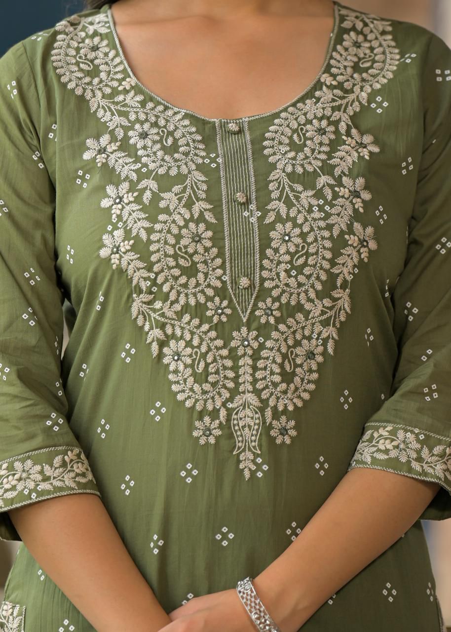 Embroidered Cotton Straight Kurta Set with Dupatta - Naticraft