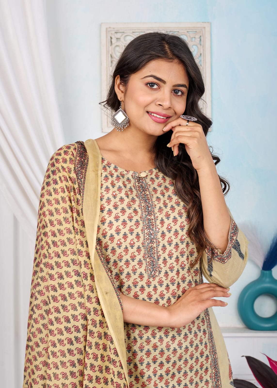 Naticraft Beige Ethnic Printed Straight Kurta Set with Dupatta & Pants – Women's Traditional Wear - Naticraft
