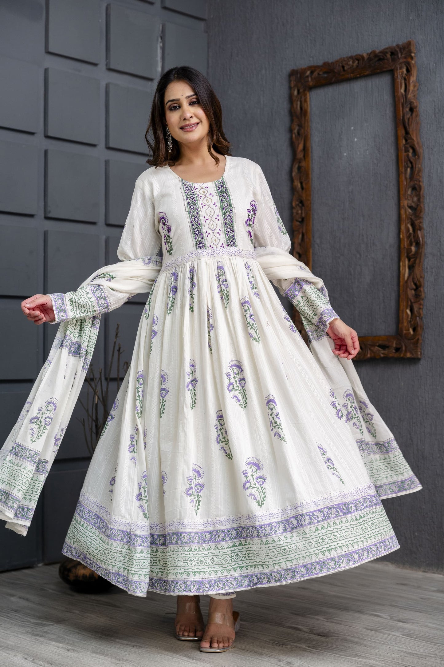 Elegant White Anarkali Suit Set with Dupatta | Handblock Floral Print | Ethnic Wear for Women - Naticraft
