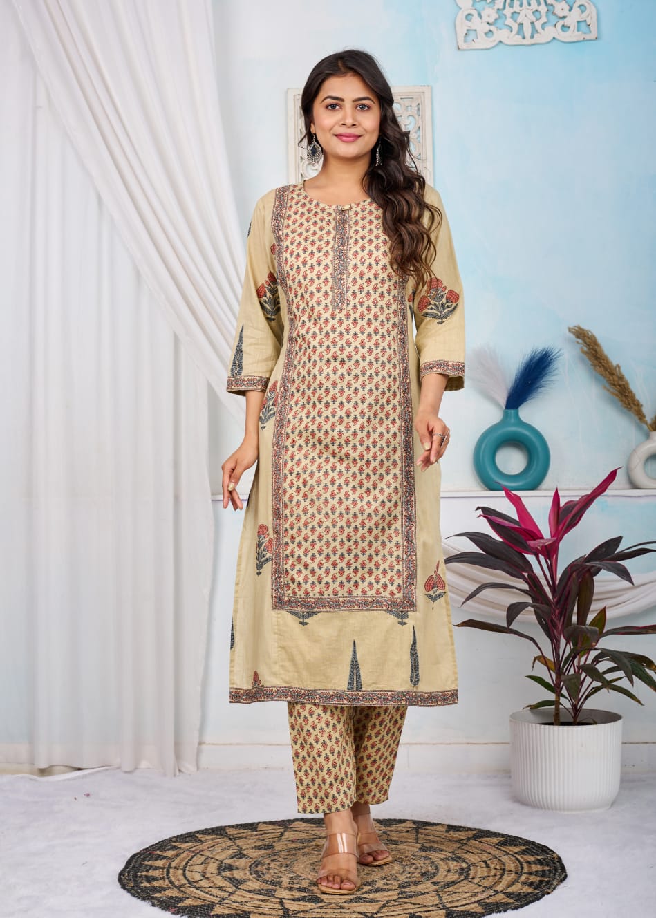 Naticraft Beige Ethnic Printed Straight Kurta Set with Dupatta & Pants – Women's Traditional Wear - Naticraft