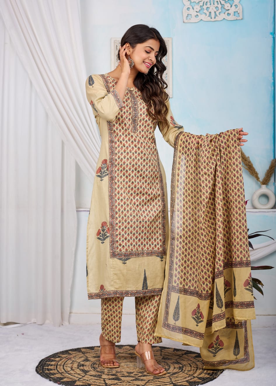 Naticraft Beige Ethnic Printed Straight Kurta Set with Dupatta & Pants – Women's Traditional Wear - Naticraft