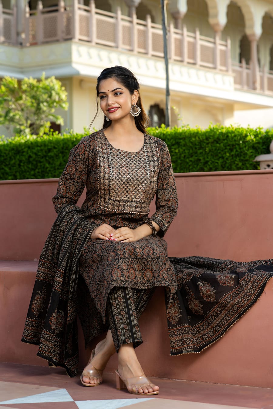 Classy Ajrakh Cotton Kurta Set with Zari Embroidery & Gotta Detailing - Naticraft