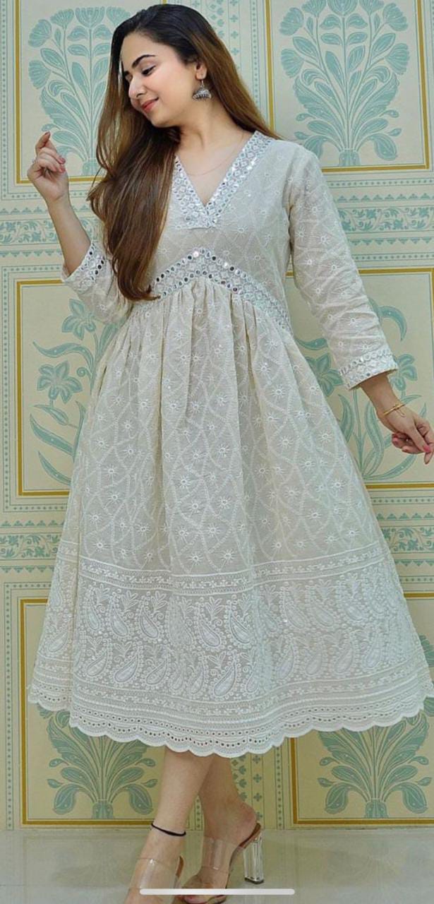 Off-White Cotton Chikankari Frock Dress with Foil Mirror Work