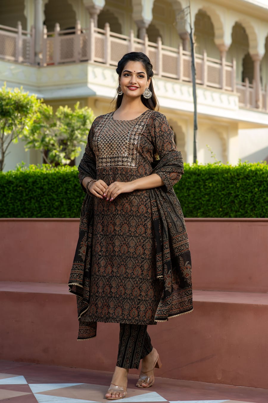 Classy Ajrakh Cotton Kurta Set with Zari Embroidery & Gotta Detailing - Naticraft