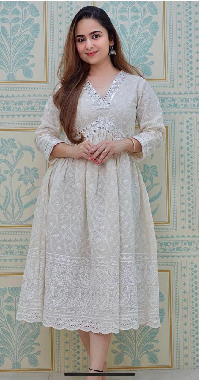 Off-White Cotton Chikankari Frock Dress with Foil Mirror Work