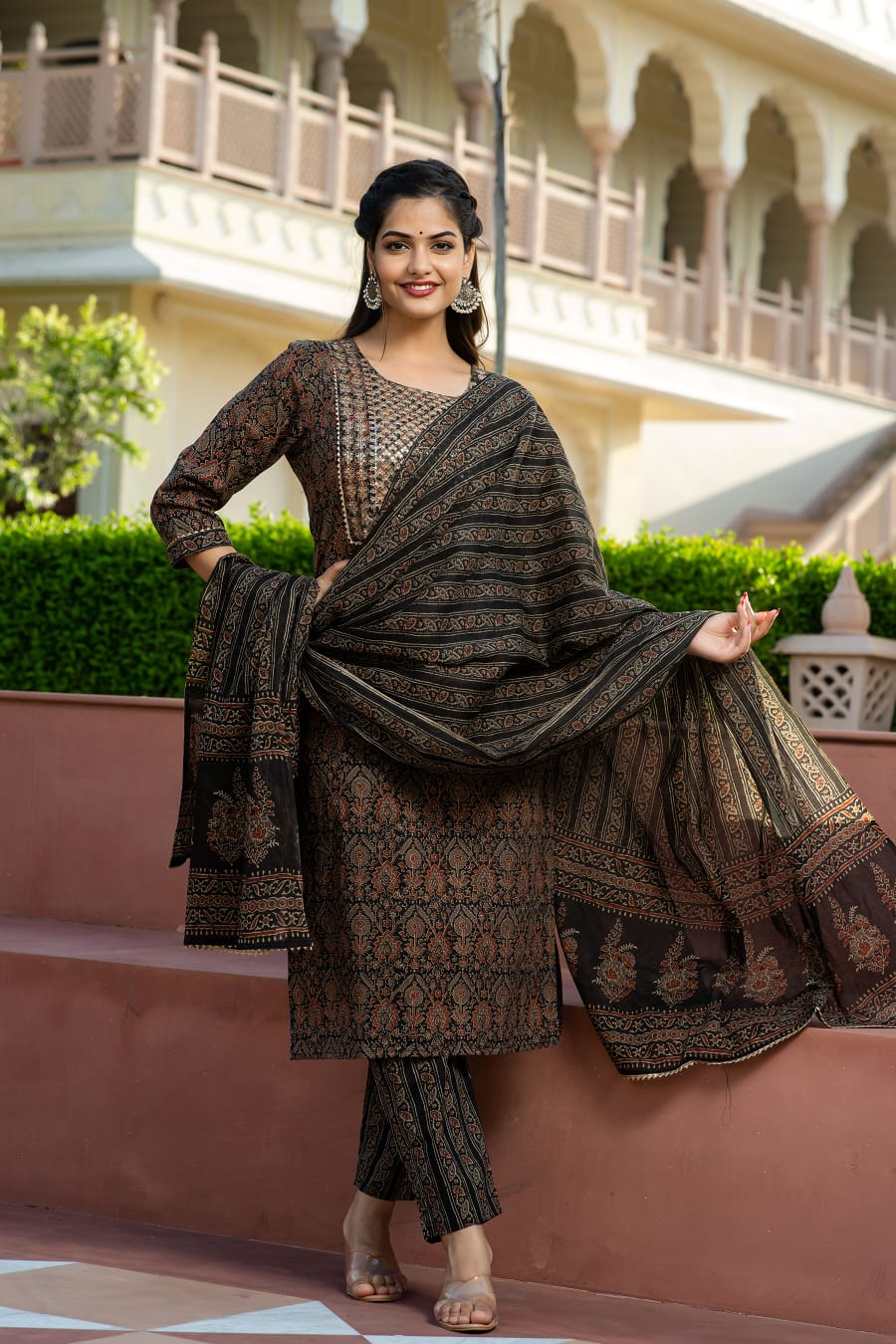 Classy Ajrakh Cotton Kurta Set with Zari Embroidery & Gotta Detailing - Naticraft