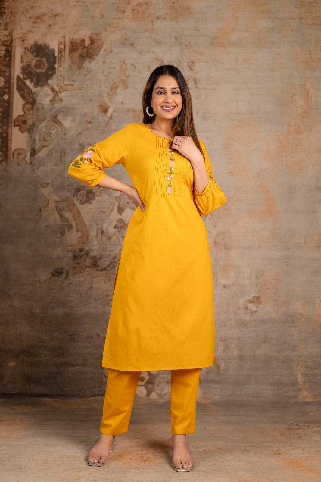 Floral Embroidered 2-Piece Co-ord Set – Olive Green and Mustard Yellow - Naticraft