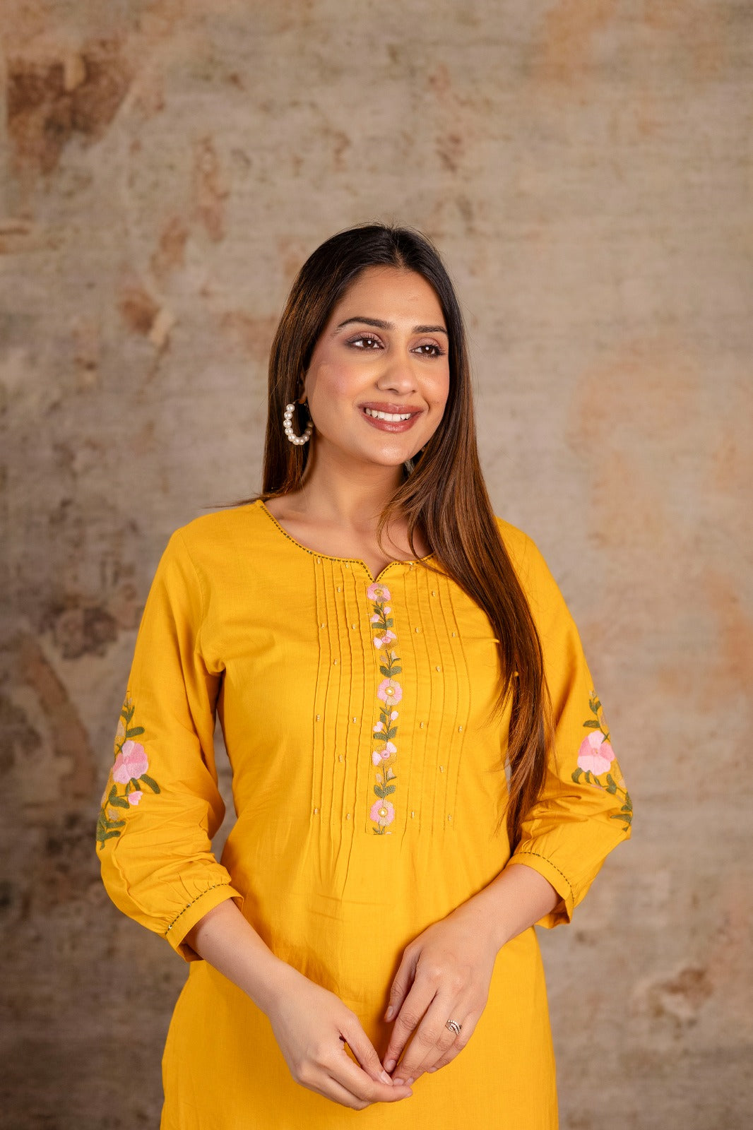 Floral Embroidered 2-Piece Co-ord Set – Olive Green and Mustard Yellow - Naticraft