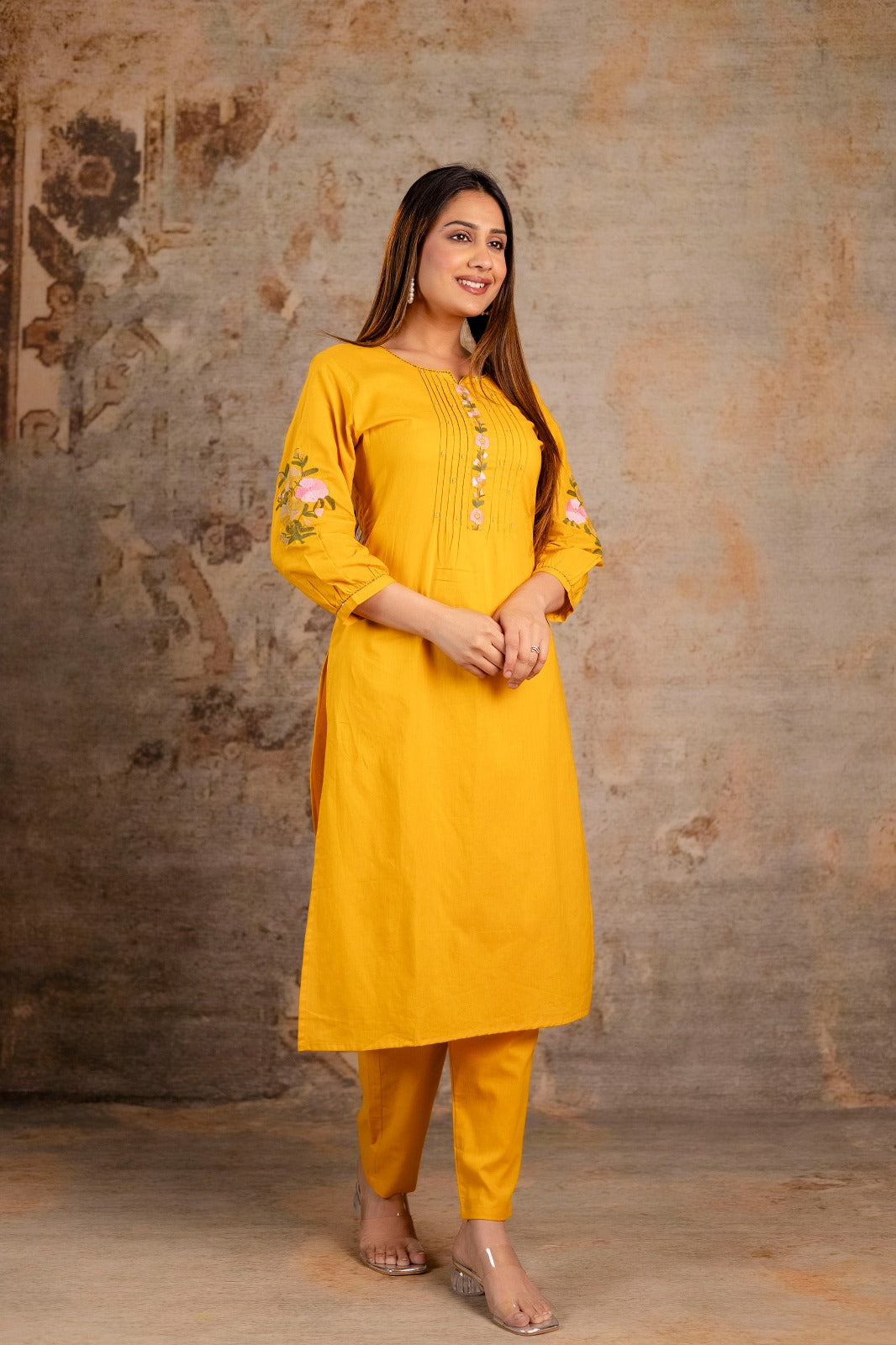 Floral Embroidered 2-Piece Co-ord Set – Olive Green and Mustard Yellow - Naticraft