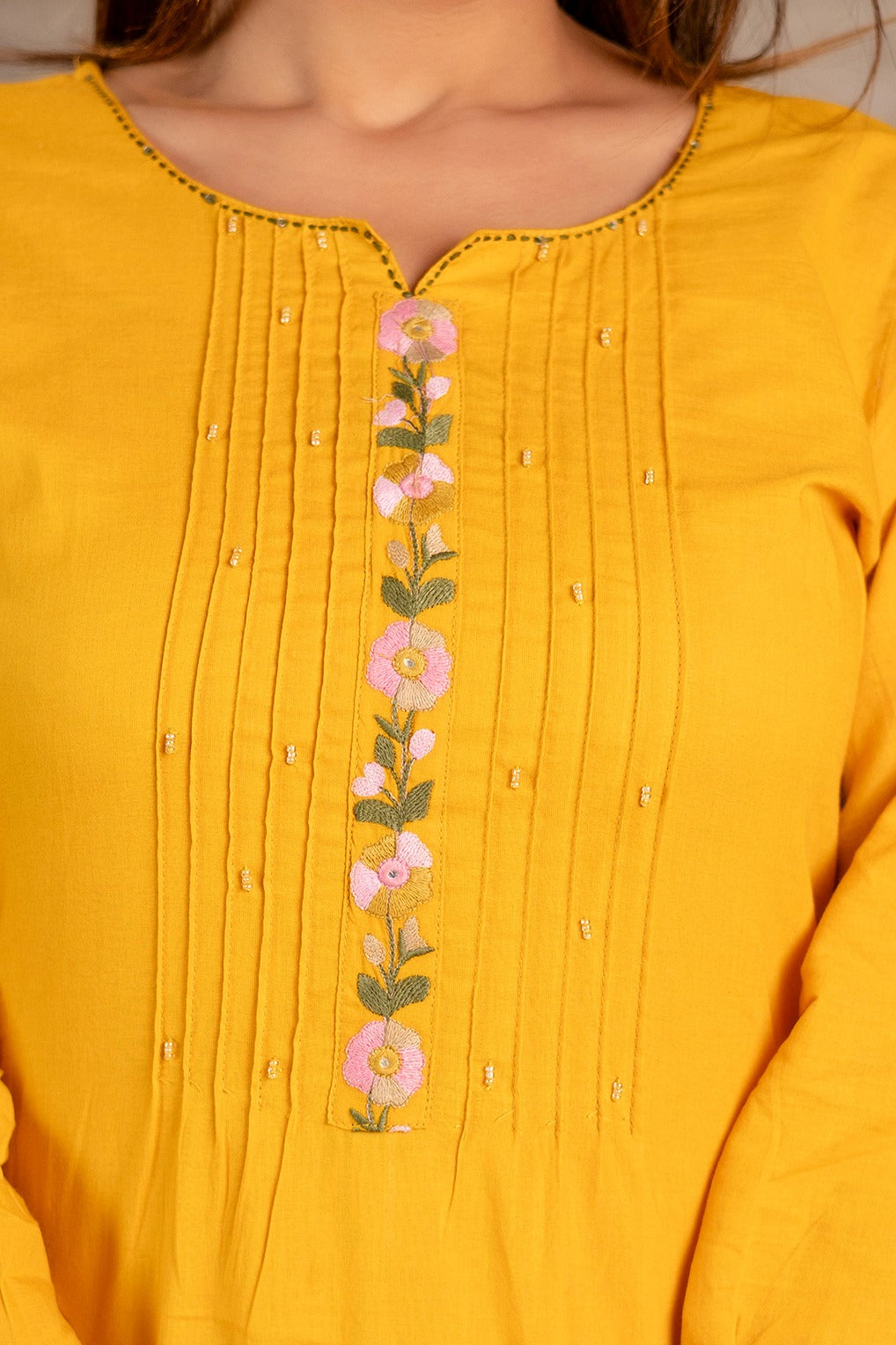 Floral Embroidered 2-Piece Co-ord Set – Olive Green and Mustard Yellow - Naticraft