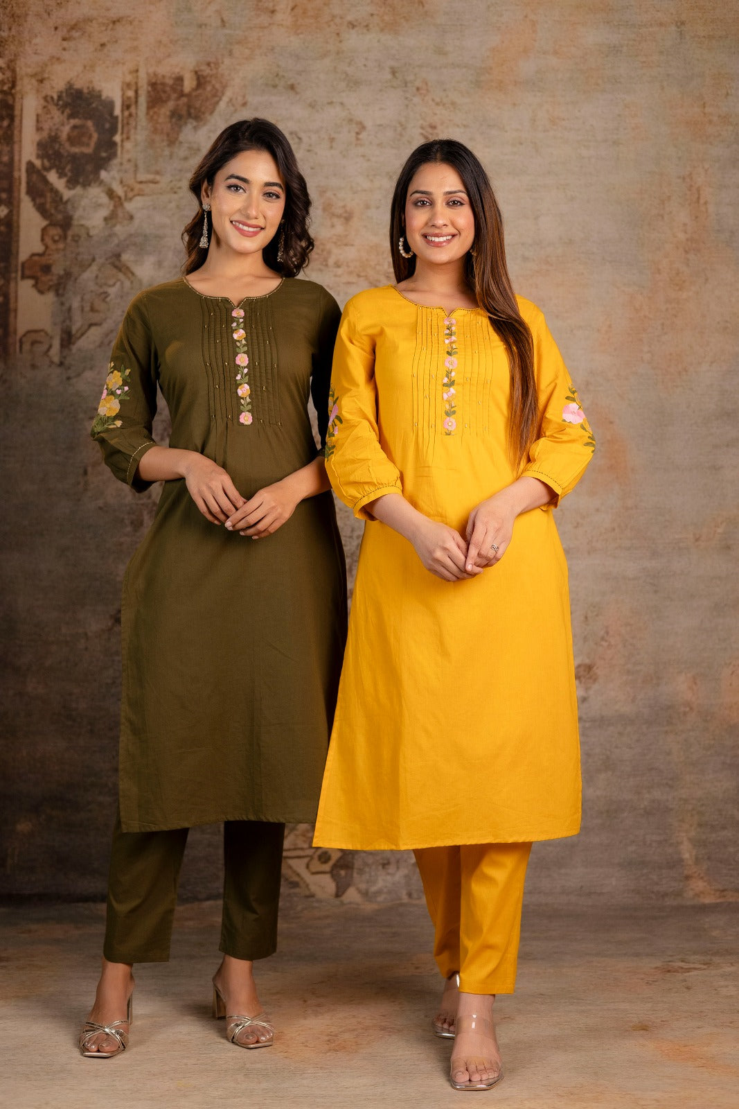 Floral Embroidered 2-Piece Co-ord Set – Olive Green and Mustard Yellow - Naticraft