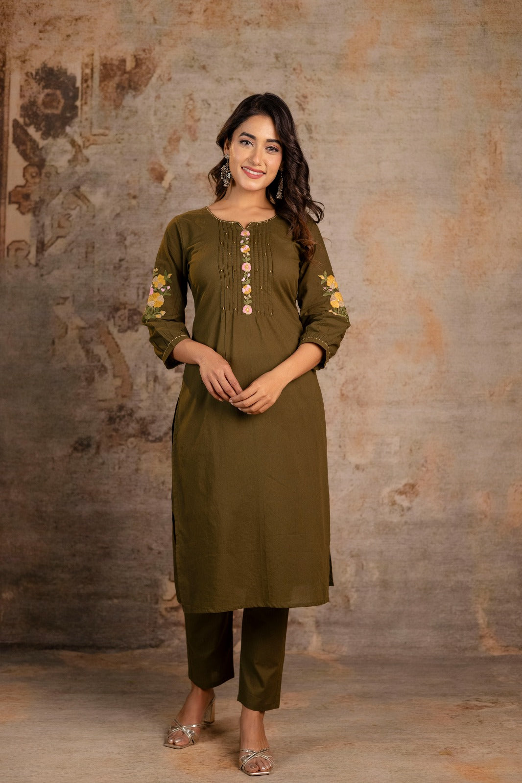 Floral Embroidered 2-Piece Co-ord Set – Olive Green and Mustard Yellow - Naticraft