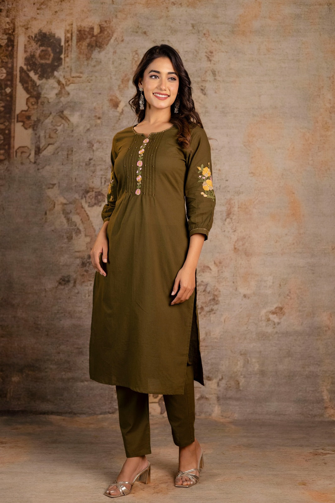 Floral Embroidered 2-Piece Co-ord Set – Olive Green and Mustard Yellow - Naticraft