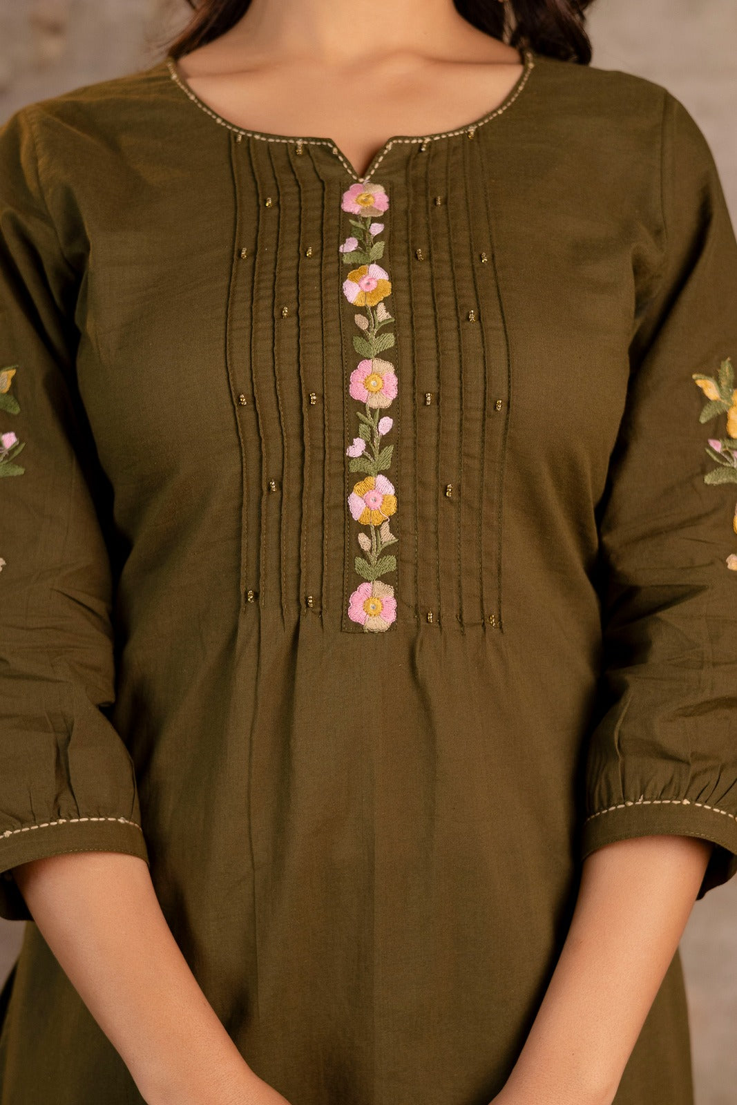 Floral Embroidered 2-Piece Co-ord Set – Olive Green and Mustard Yellow - Naticraft