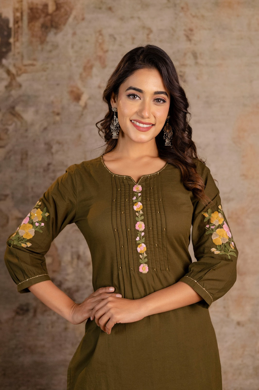 Floral Embroidered 2-Piece Co-ord Set – Olive Green and Mustard Yellow - Naticraft