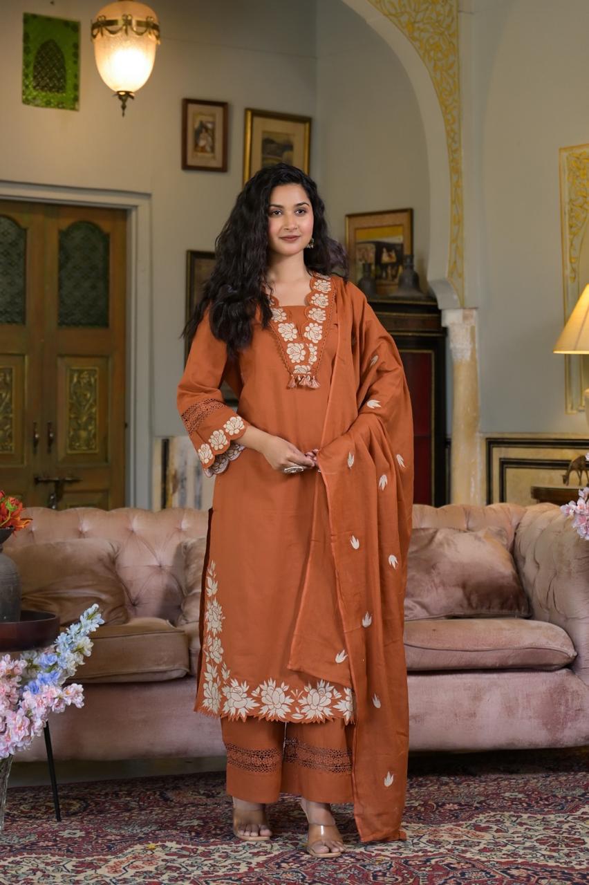 Terracotta Bloom 3-Piece Embroidered Cotton Kurta Set with Dupatta & Pants - Naticraft