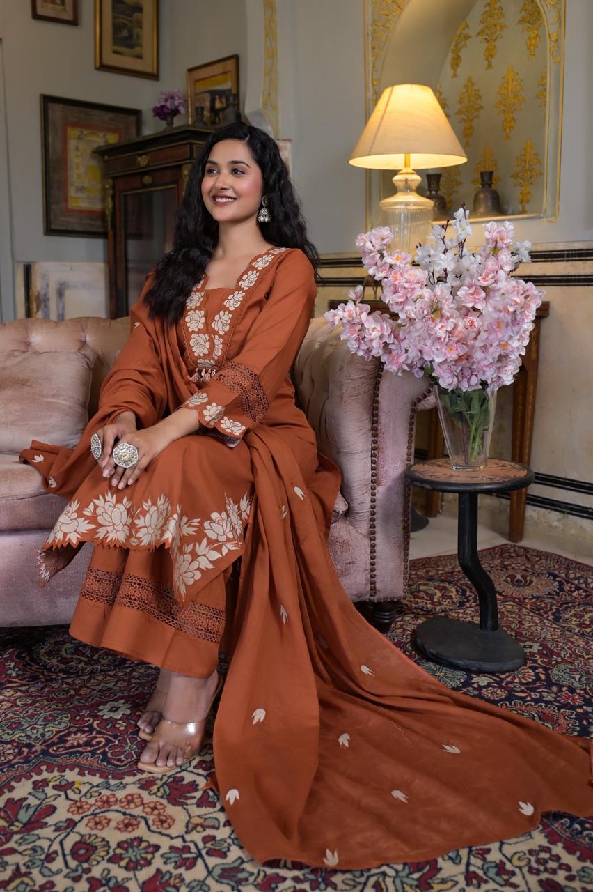 Terracotta Bloom 3-Piece Embroidered Cotton Kurta Set with Dupatta & Pants - Naticraft