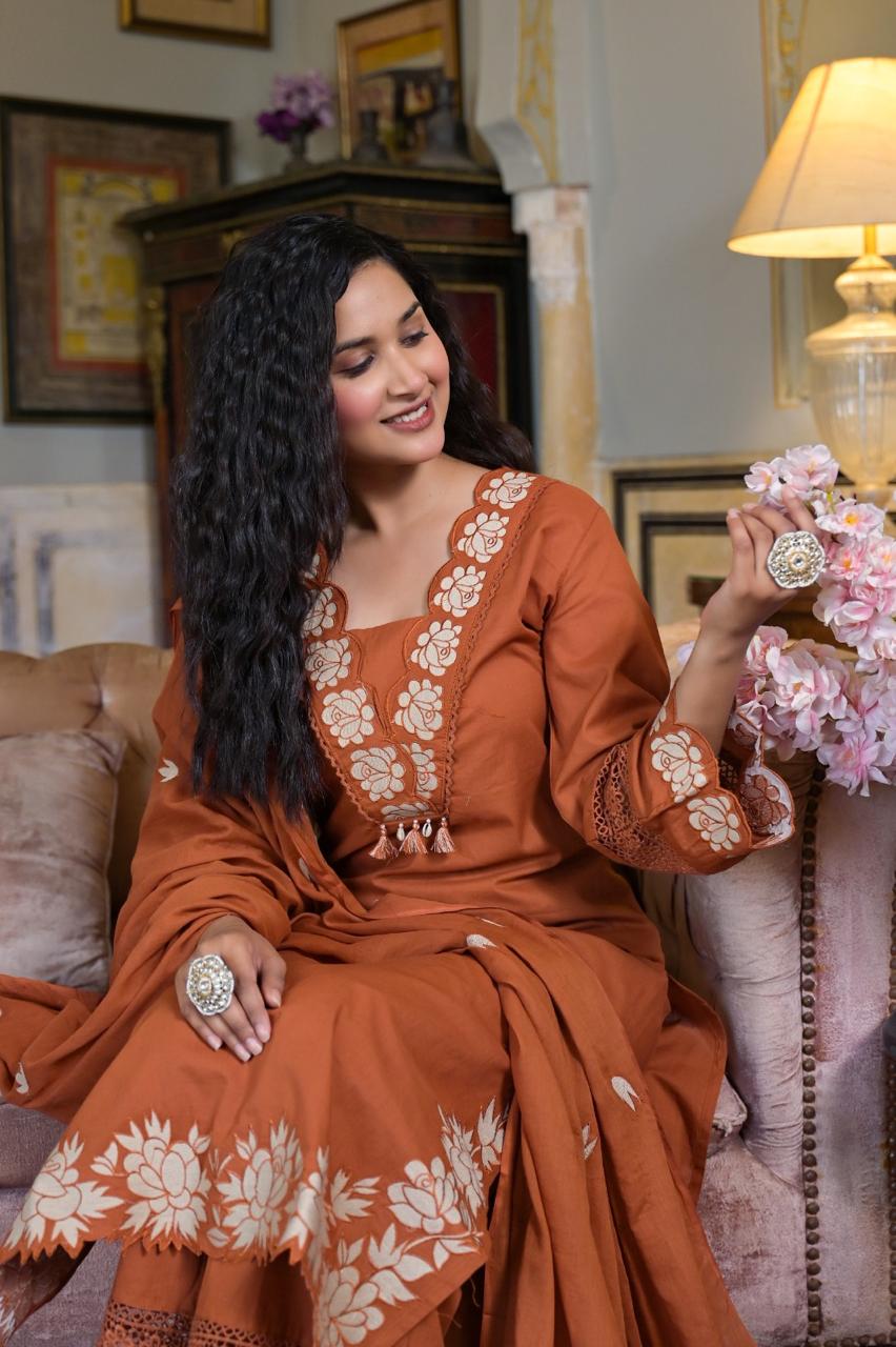 Terracotta Bloom 3-Piece Embroidered Cotton Kurta Set with Dupatta & Pants - Naticraft