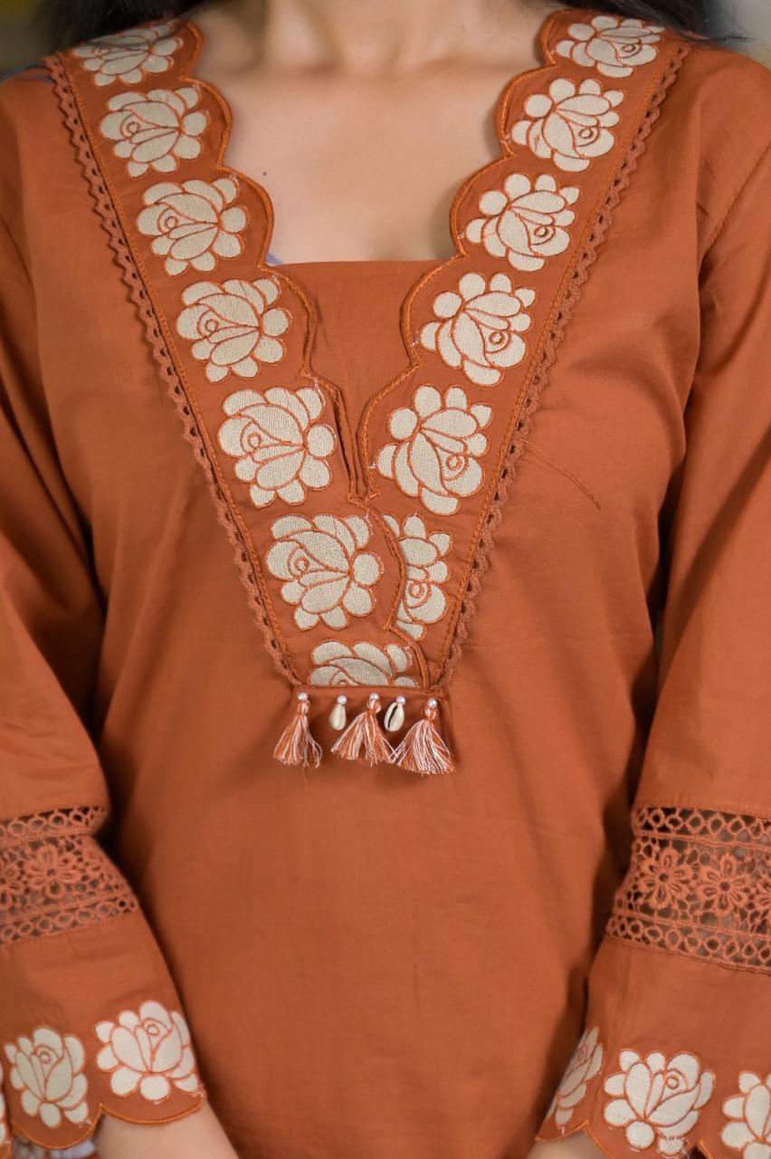 Terracotta Bloom 3-Piece Embroidered Cotton Kurta Set with Dupatta & Pants - Naticraft