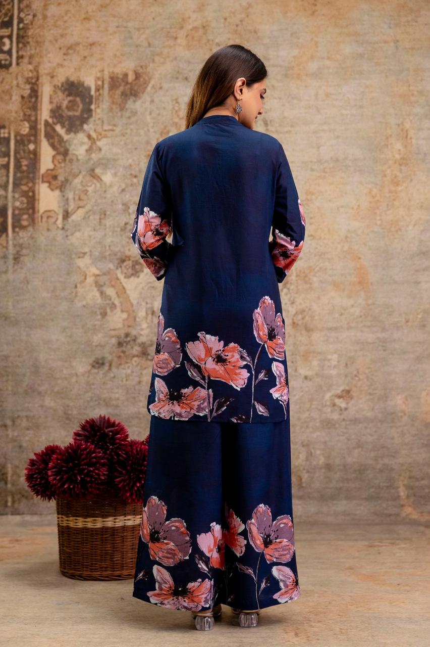 Floral Glow Gradient Cotton Co-ord Set – Maroon & Navy | Kurta with Palazzo - Naticraft