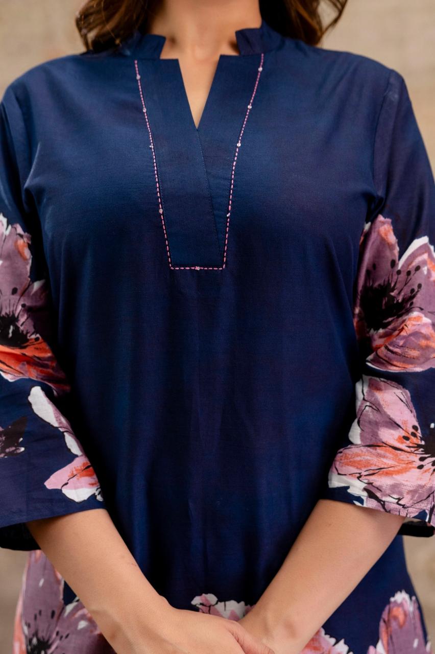 Floral Glow Gradient Cotton Co-ord Set – Maroon & Navy | Kurta with Palazzo - Naticraft