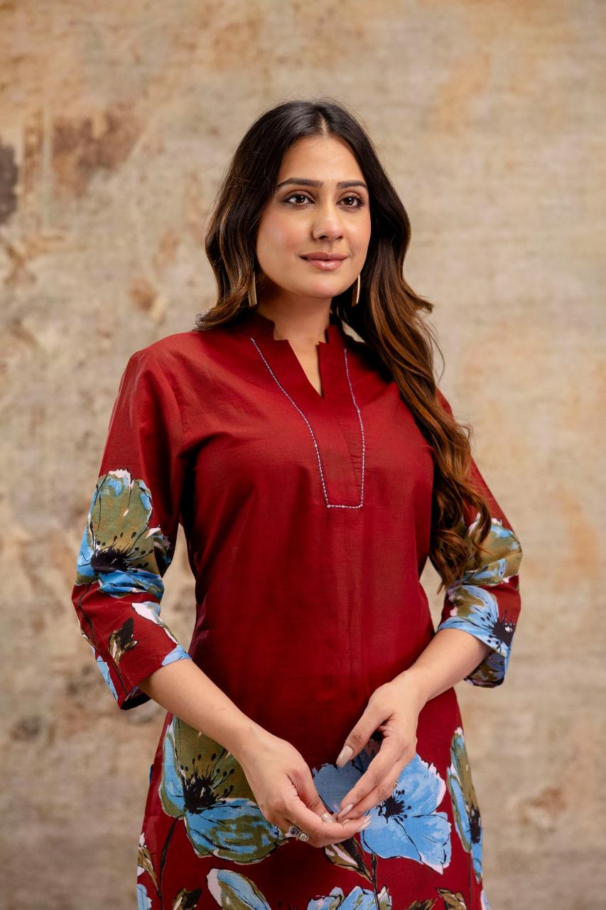 Floral Glow Gradient Cotton Co-ord Set – Maroon & Navy | Kurta with Palazzo - Naticraft