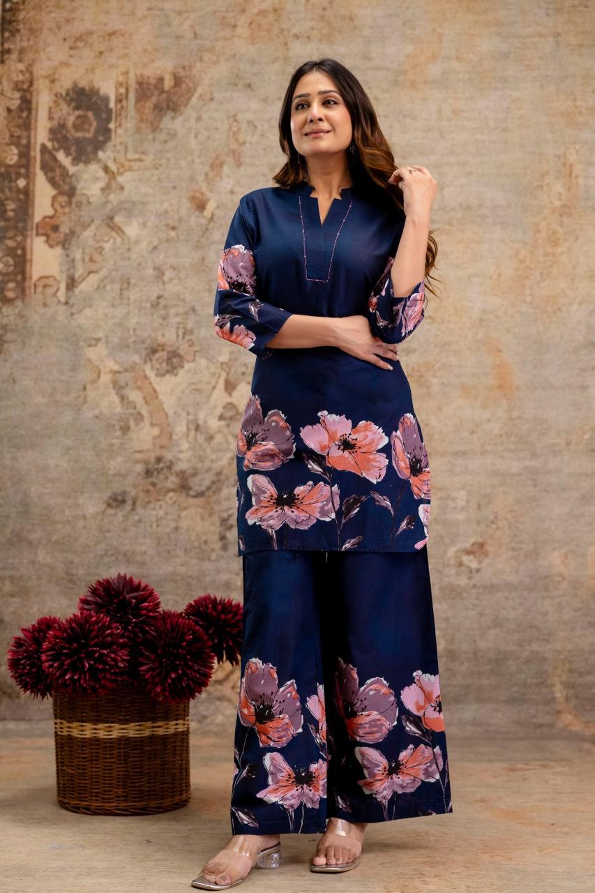 Floral Glow Gradient Cotton Co-ord Set – Maroon & Navy | Kurta with Palazzo - Naticraft