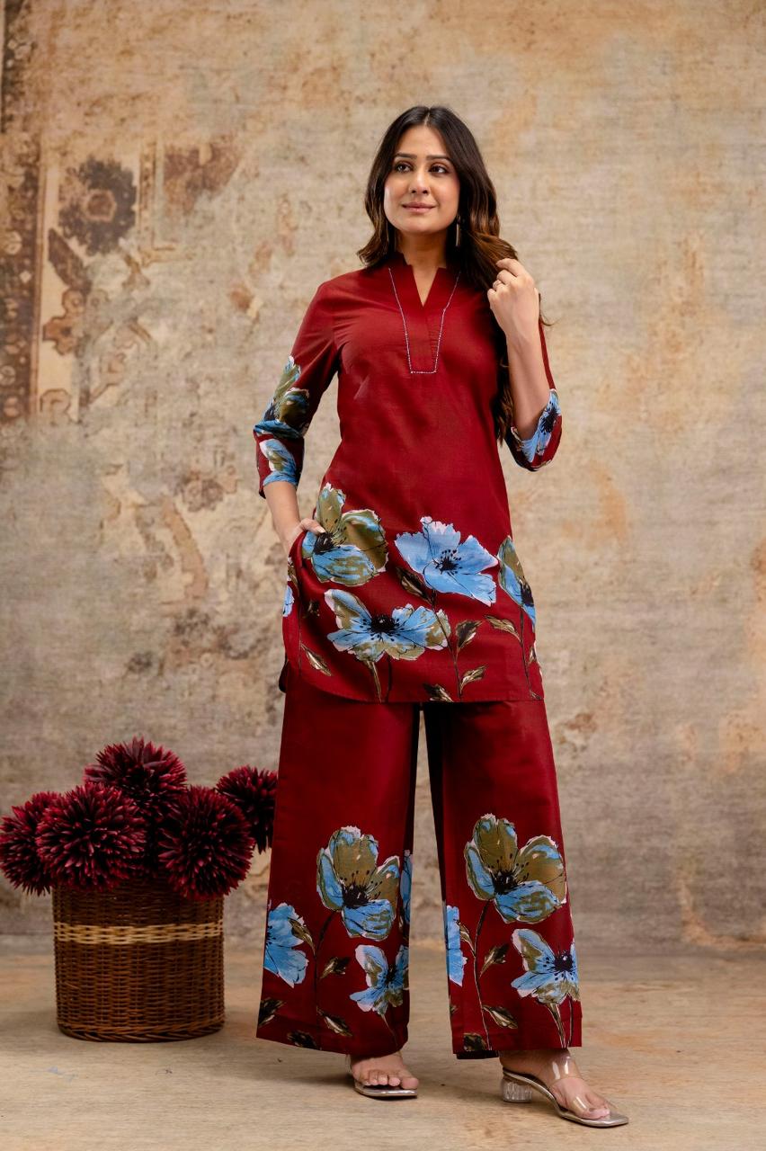 Floral Glow Gradient Cotton Co-ord Set – Maroon & Navy | Kurta with Palazzo - Naticraft