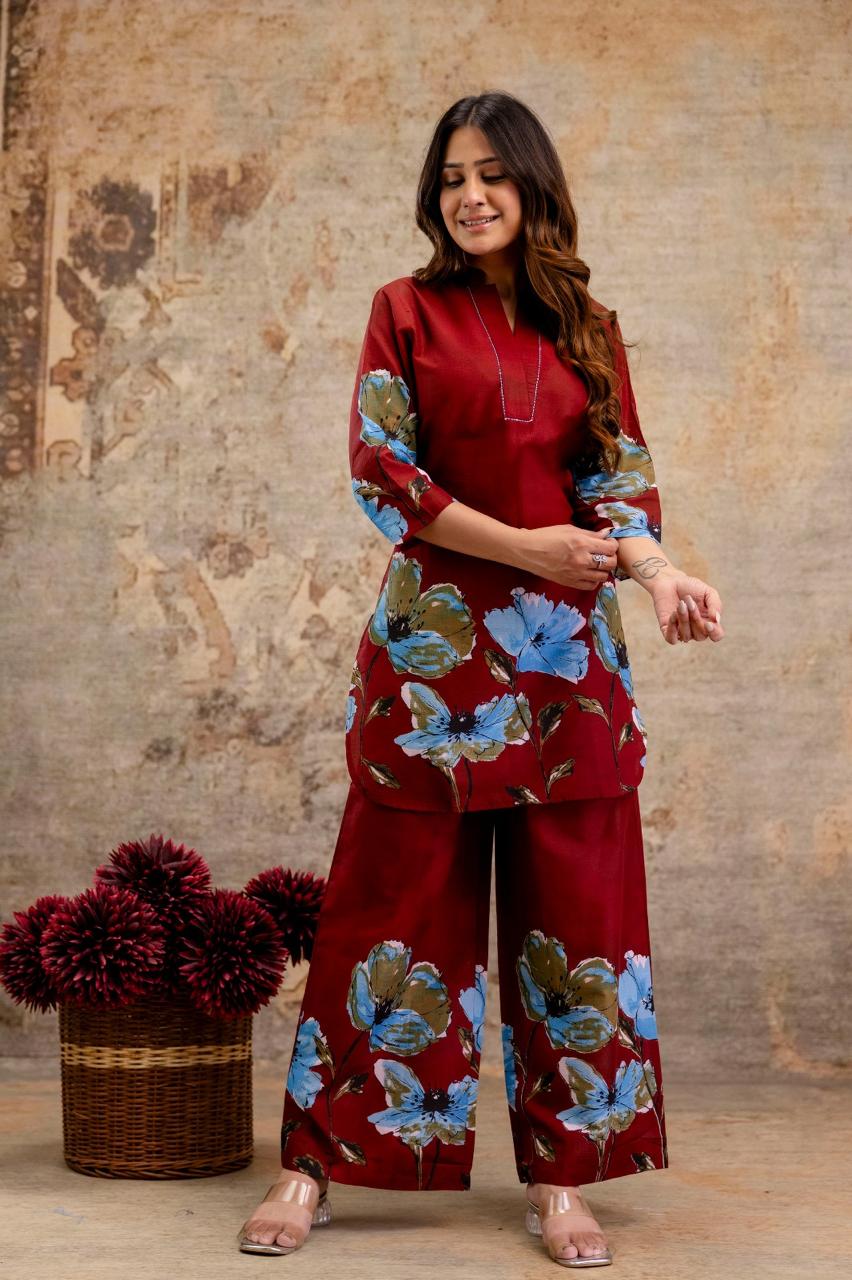 Floral Glow Gradient Cotton Co-ord Set – Maroon & Navy | Kurta with Palazzo - Naticraft