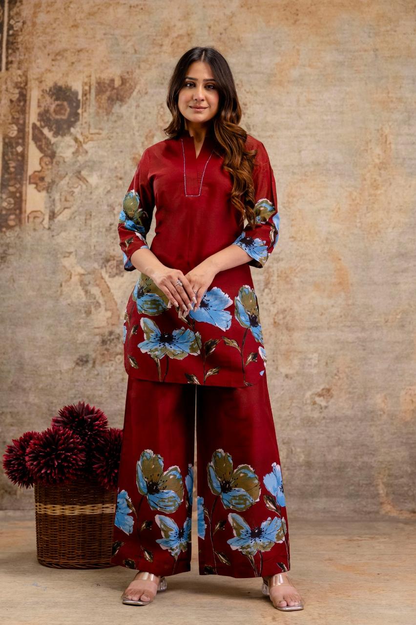 Floral Glow Gradient Cotton Co-ord Set – Maroon & Navy | Kurta with Palazzo - Naticraft