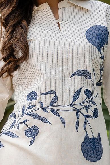 Ivory Flex Cotton Co-ord Set with Blue Floral Thread Embroidery - Naticraft