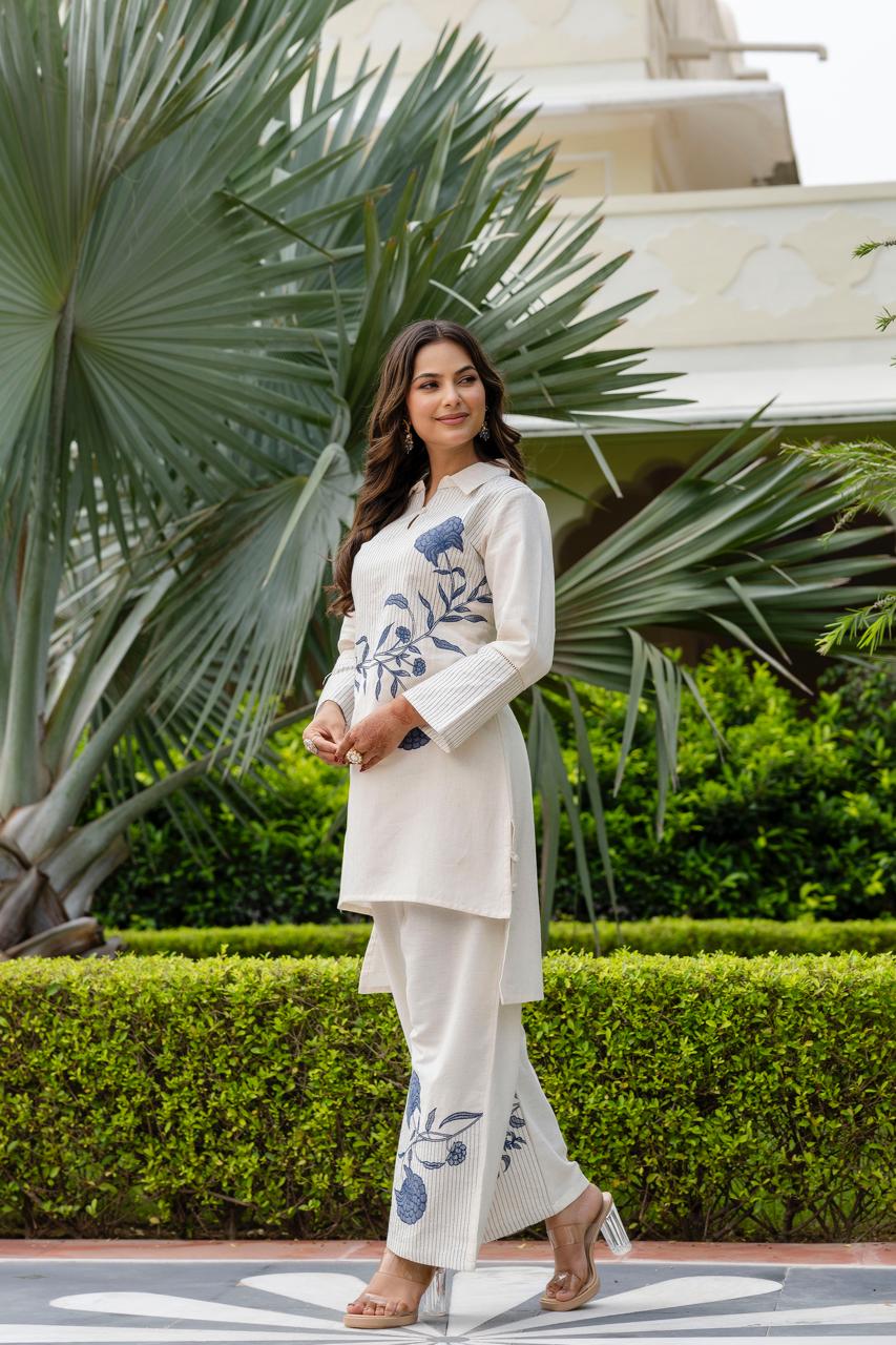 Ivory Flex Cotton Co-ord Set with Blue Floral Thread Embroidery - Naticraft