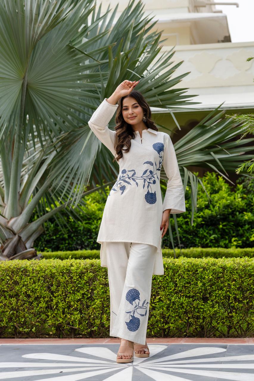 Ivory Flex Cotton Co-ord Set with Blue Floral Thread Embroidery - Naticraft
