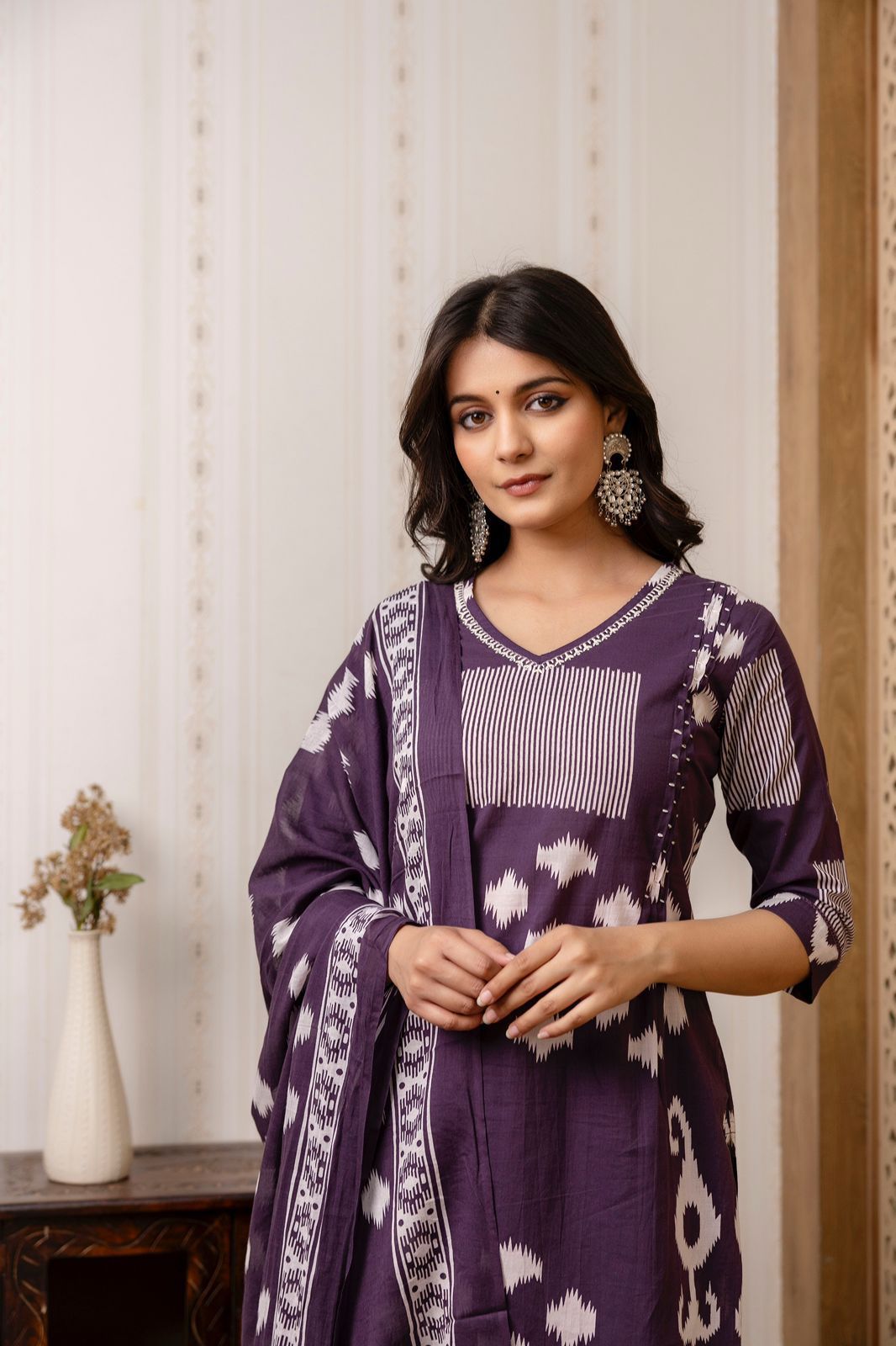 Elegant Scoop Neck Cotton Kurti – Multicolor (Purple, Blue, Yellow, Pink) - Naticraft