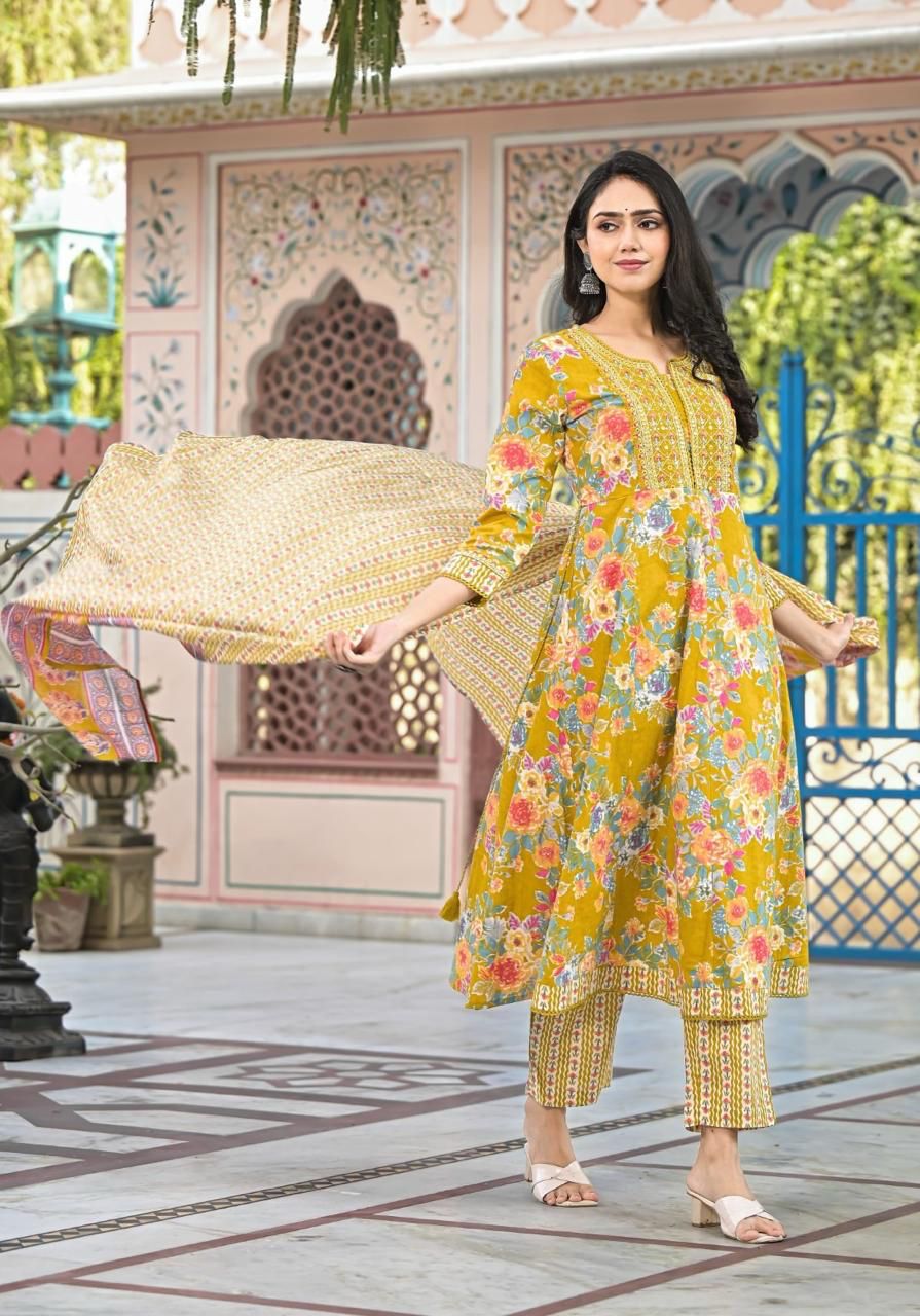 Women’s Floral Print Cotton Anarkali Kurta Set with Dupatta - Naticraft