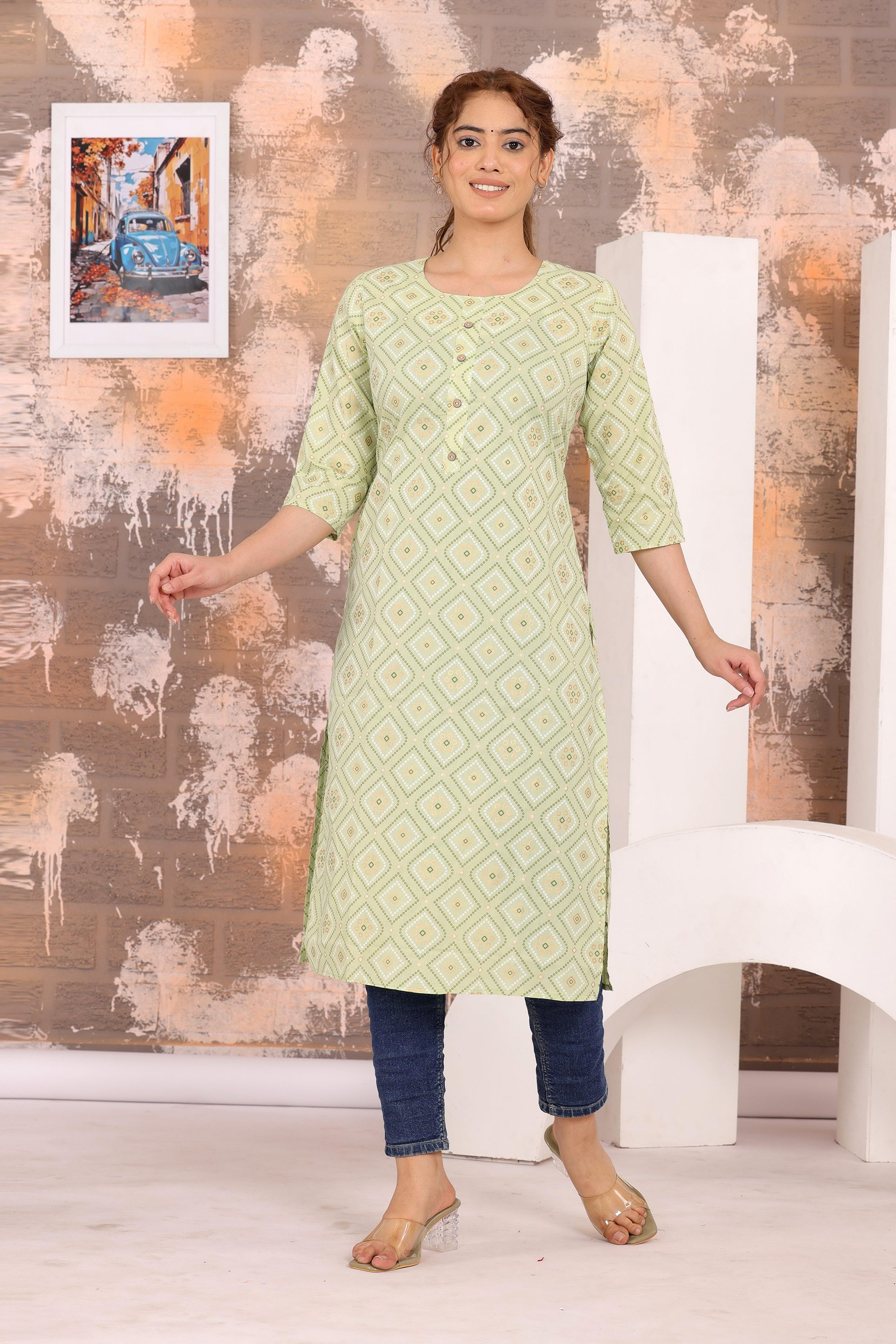 Women's Elegant Printed Cotton Straight Kurti - Naticraft