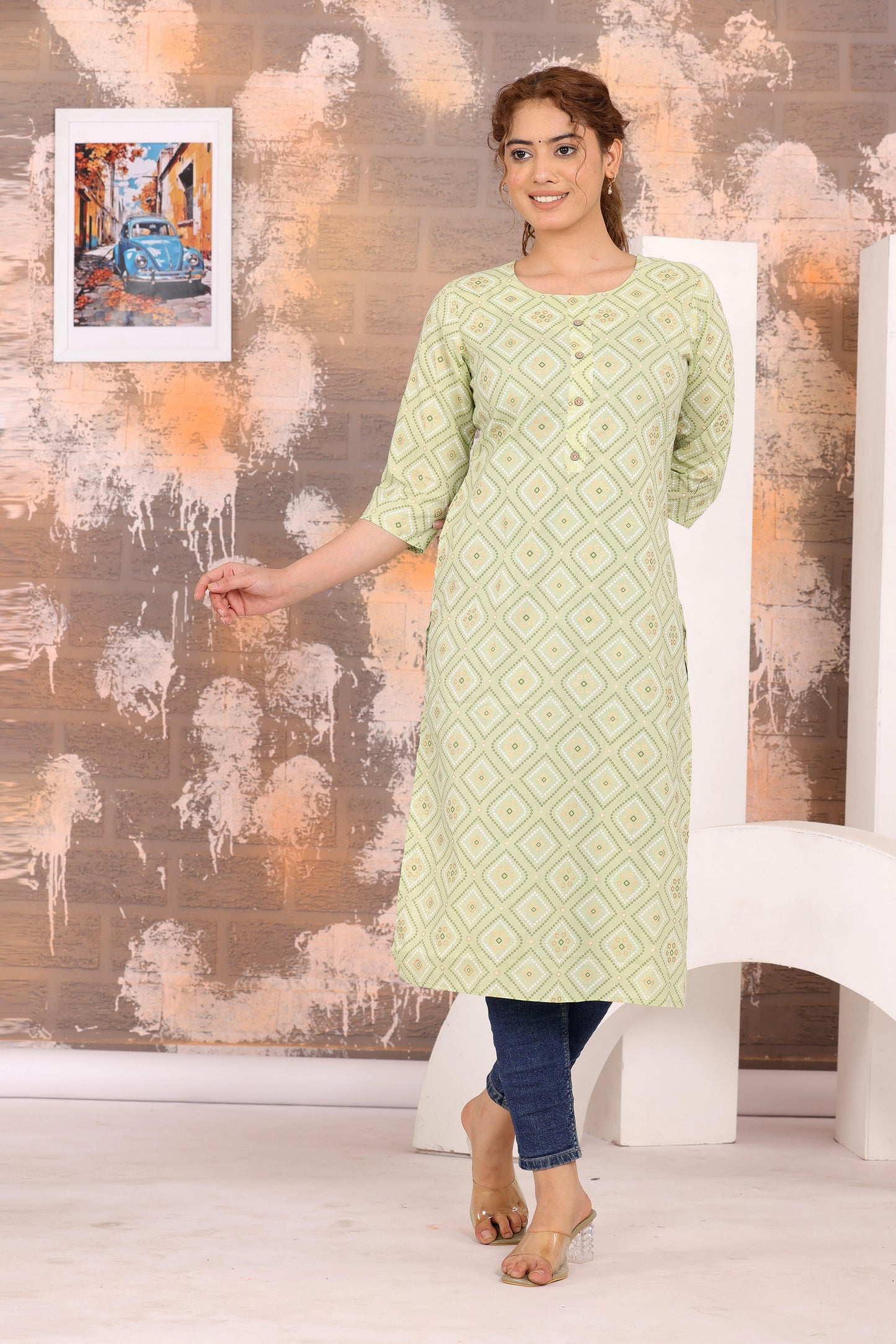 Women's Elegant Printed Cotton Straight Kurti - Naticraft