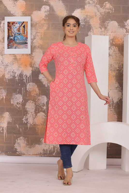 Women's Elegant Printed Cotton Straight Kurti - Naticraft