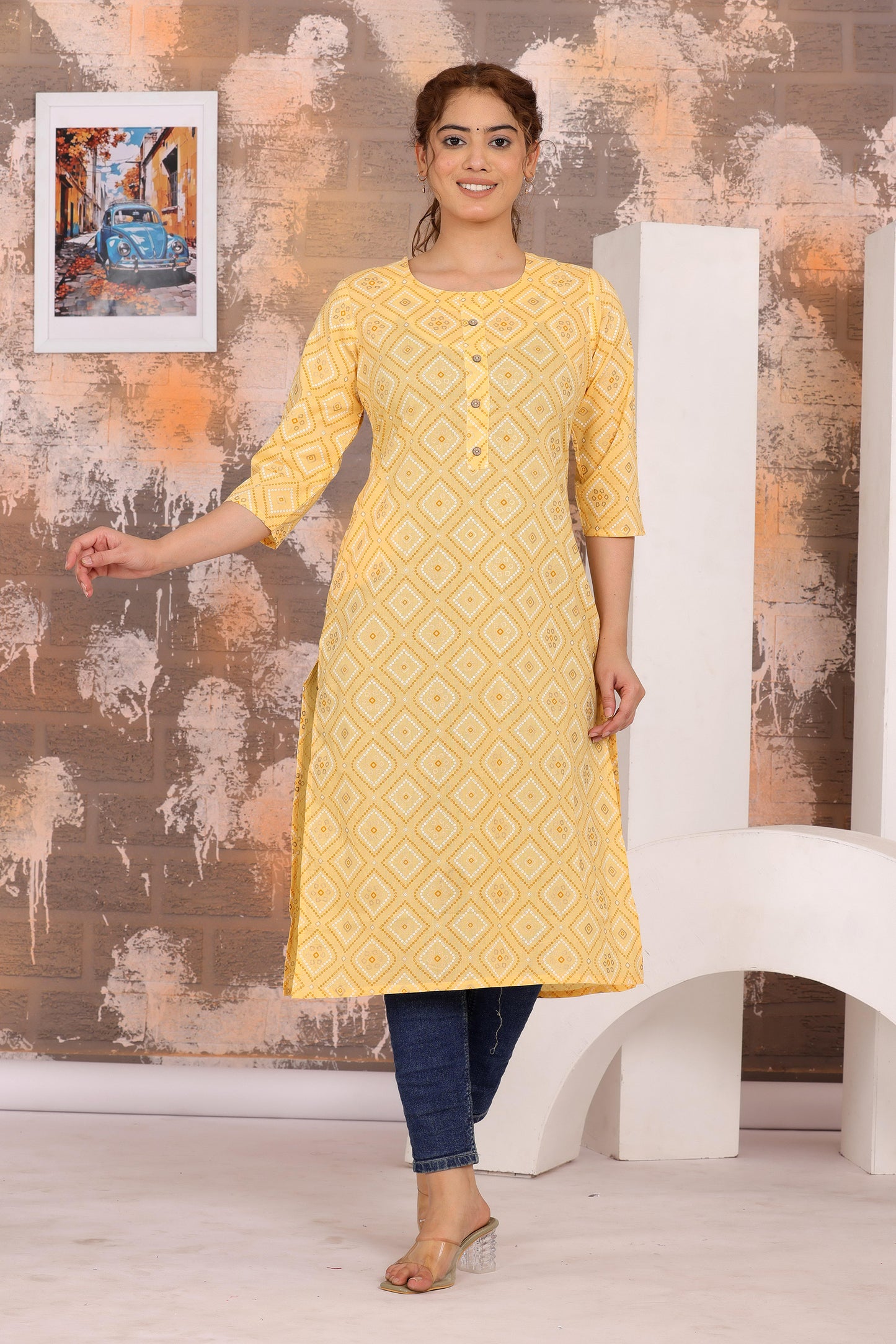 Women's Elegant Printed Cotton Straight Kurti - Naticraft