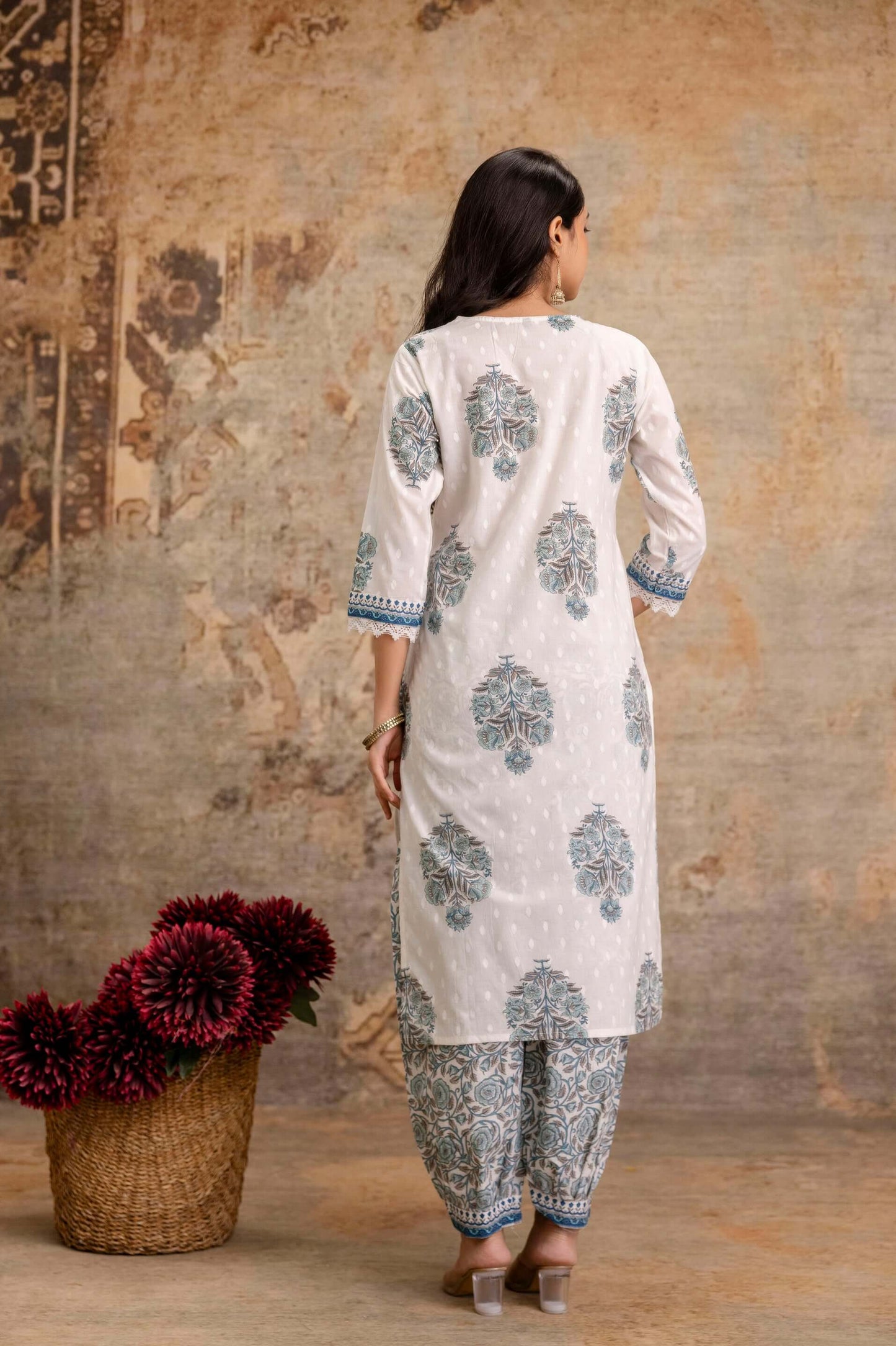 White Cotton Kurta Set with Sky Blue Floral Print and Dupatta - Naticraft