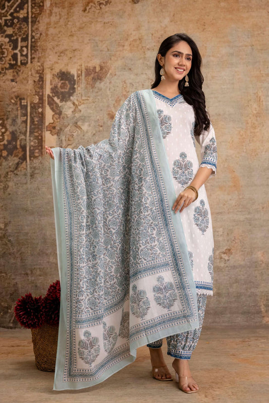 White Cotton Kurta Set with Sky Blue Floral Print and Dupatta - Naticraft