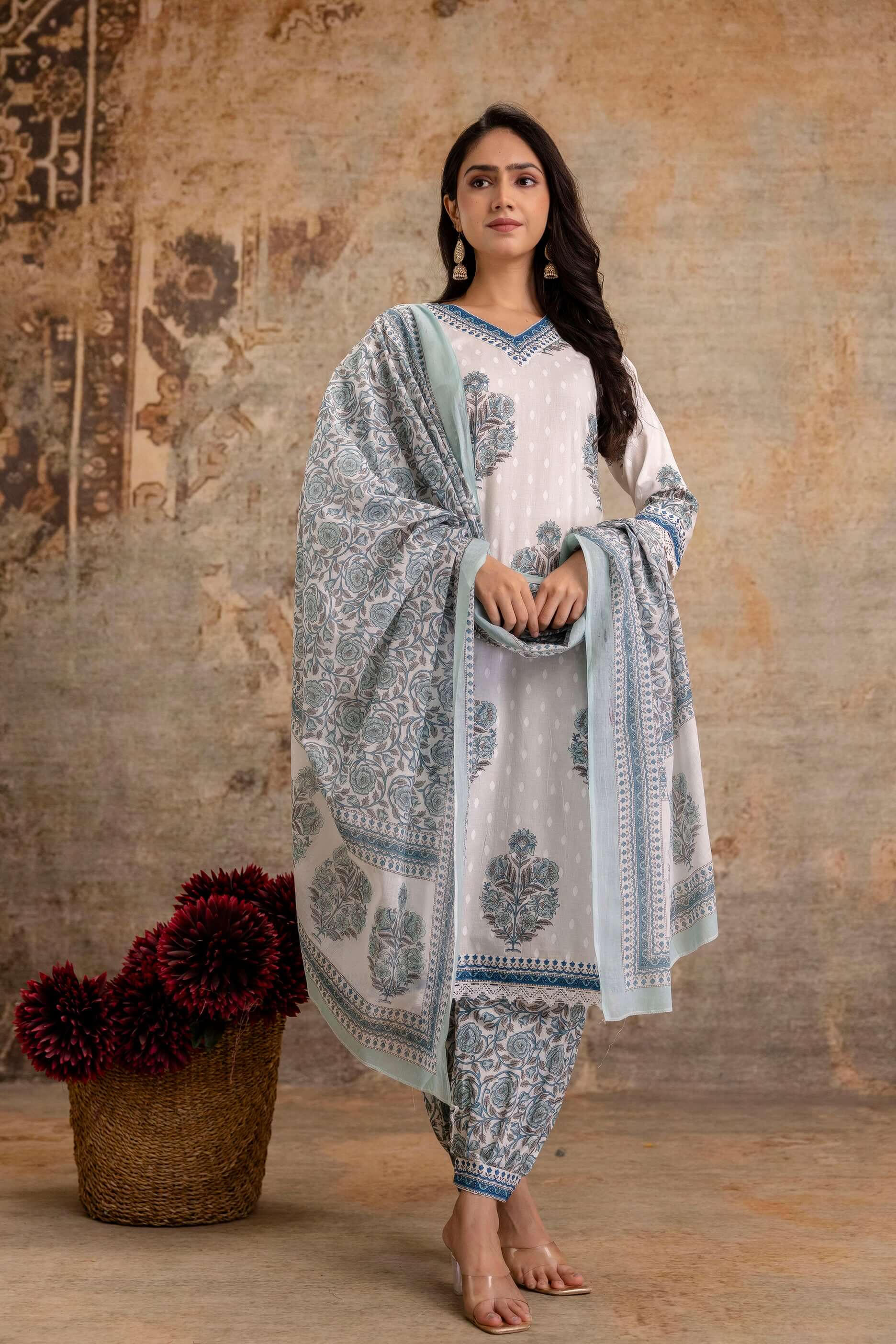 White Cotton Kurta Set with Sky Blue Floral Print and Dupatta - Naticraft